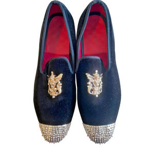 Black Velvet Leather Loafer Mens Shoes Gold Accents holiday wedding Size 12.5